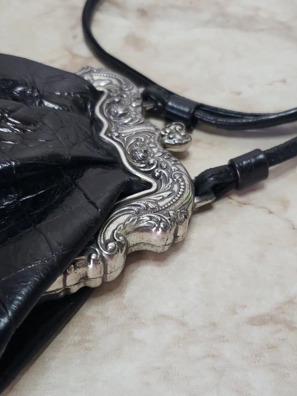 Brighton One World Black Leather Embossed  Croc Crossbody Bag with Silver Frame